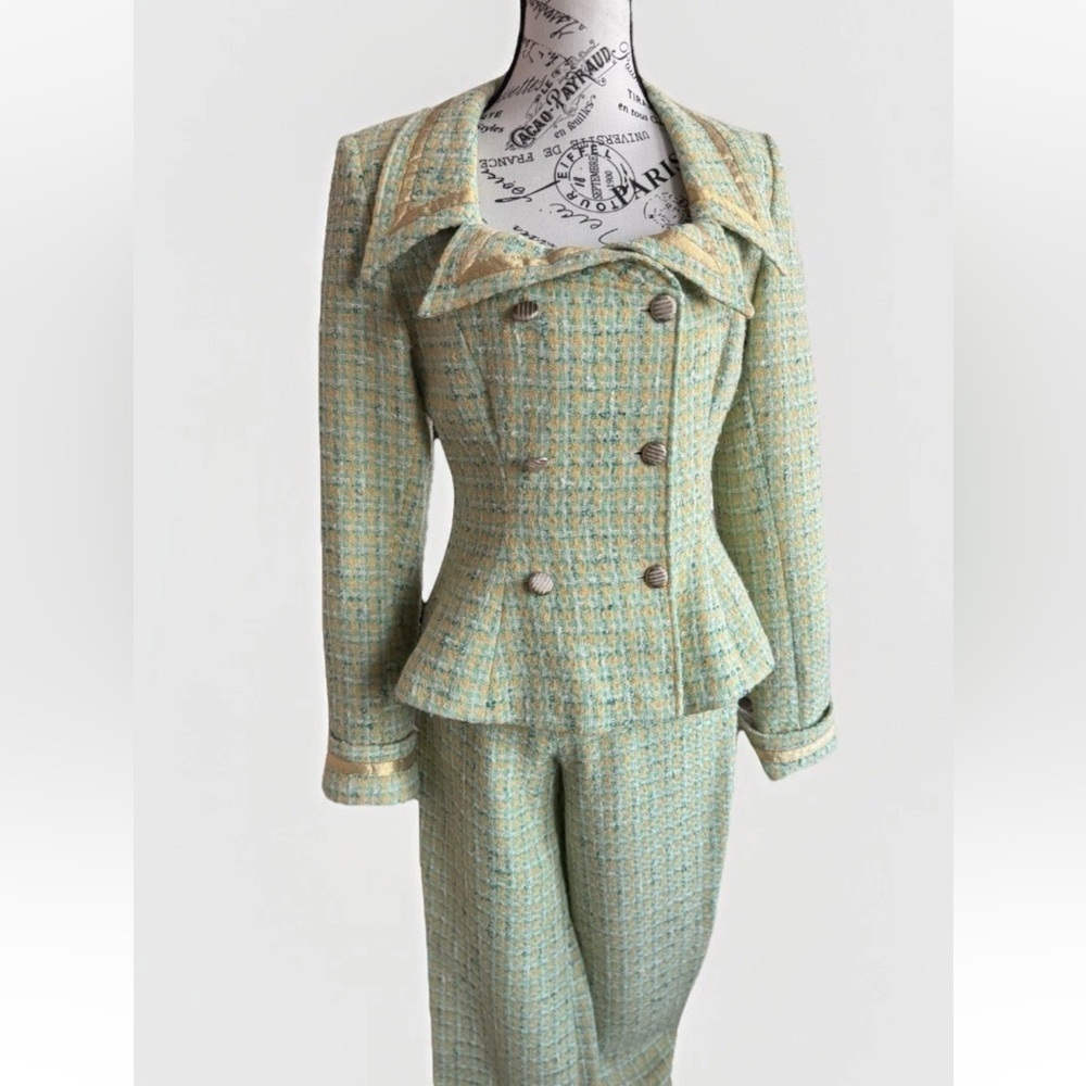 Vintage Handmade 70s Lime Green Tweed Mod Go Go Suit Blazer Jacket & Pants